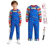 JoyinTcos Chucky Costume for Kids with Fake Knife Prop | 5PCS, Blue Suspender Style, Tattoo Stickers, Horror Doll Design, Halloween Party, Cosplay Events, Boys, Grils, Fancy Dress
