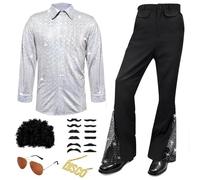 JoyinTcos Disco Costume Men 70s Fancy Dress Costume Set with Sequin Shirt Necklace Glasses Beard Outfit Halloween Costumes For Adults
