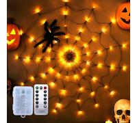 JoyinTcos Halloween Spider Web Lights,8 Modes Remote Control 70 LED Black Spider Web Deco with Hairy Halloween【Warm White】