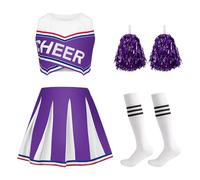 JoyinTcos Kids Cheerleader Costume, 4PCS Child Cheerleader Outfit with Pom Poms and Socks, Headwear Cheer Costume Carnival Halloween Fancy Dress (Purple, S)
