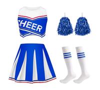 JoyinTcos Kids Cheerleader Costume, 4PCS Child Cheerleader Outfit with Pom Poms and Socks, Headwear Cheer Costume Carnival Halloween Fancy Dress (BLUE, M)