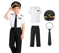 JoyinTcos Pilot Costume for Kids with Uniform Captain Hat Tie | 4-Piece Set, Airline Crew Outfit, Career Day Events, Halloween Parties, Boys, Girls, Children's Dress-Up, Role Play