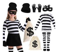 JoyinTcos Robber Costume for Kids 6PCS Thief Outfits with Black White Striped T-Shirt Eye Mask Pockets Gloves Stockings Thief Fancy Dress Costume for Halloween Party