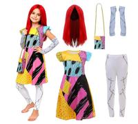 JoyinTcos Sally Costume for Kids Dress Wig Tights Halloween Party Props | 5PCS, Patchwork Dress Set, Red Long Wig and White Tights, Multiple Sizes for Girls, Christmas and Costume Party Dress-Up