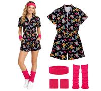 JoyinTcos Women 80s 90s Retro Disco Costume Hip Hop Jumpsuit with Headband | 6-Piece Set, Retro Hawaiian Beach Outfit, Wristbands, Geometric Print, Halloween Parties, Theme Events, Adult