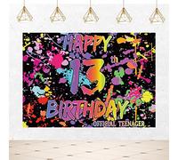 Joyiou Glow in The Dark Happy 13th Birthday Decorations Backdrop Banner for Girls Boys, Official Teenager Paint Splatter Graffiti Birthday Party Colorful Neon Sign Supplies Photo Booth Props (7x5ft)