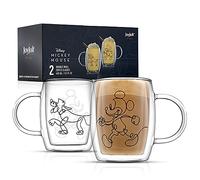 JoyJolt Aroma Disney Mickey and Pluto 13.5oz Glass Cups Set. 2 Insulated Double Wall Coffee Cups, Cup Unique Mugs, Large Espresso Cups. Transparent (JDS10728)