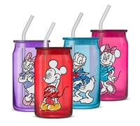 JoyJolt Disney Mickey Mouse and Friends Color Sketch Glass Tumblers with Lids and Straws, 16oz Glass Cups with Lids and Straws, Can Shaped Drinking Glasses Set of 4, Disney Gifts for Adults