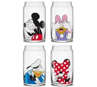 JoyJolt Disney Mickey Mouse & Friends Peek-a-Boo Collection Tumblers, 16oz Can Shape Tumbler Drinking Glass Cups Set, Glass Tumbler Set of 4 w/Glass Straws, Disney Gifts, Mickey Mouse Glasses