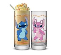 JoyJolt Disney Stitch Good Times Tall Drinking Glasses, 13oz Slim Glass Cups, Glass Tumblers Set of 2, Stitch Stuff, Lilo and Stitch Gifts, Stitch and Angel Cups, Disney Gifts for Adults