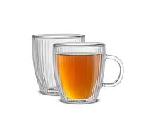 JoyJolt Fluted Glass Coffee Mugs, 13.5oz Set of 2, Double Wall, Insulated, Clear, Large, Reusable, Microwave & Dishwasher Safe