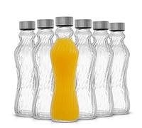 JoyJolt Fluted Glass Water Bottles Set of 6 - 18 oz Glass Bottles with Stainless Steel Caps - Glass Drinking Bottles with Leakproof Lids - Reusable Glass Juice Bottle - Container Bottle Set
