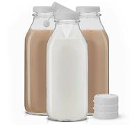 JoyJolt Glass Milk Bottles with Lids and Pourer - 32 Oz, 3 Pack Airtight Heavy Duty Reusable Glass Bottles, Leakproof, BPA-Free, Food Grade, Dishwasher Safe Jug, Pitcher for Milk, Juice, and Water