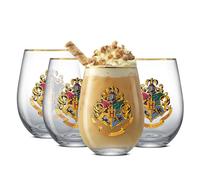 JoyJolt Harry Potter Hogwarts Heritage Stemless Drinking Glasses, 19oz Glass Tumblers, Teardrop Glass Drinking Glasses Set of 4, Hogwarts Cup, Harry Potter Gifts for Adults