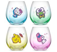 JoyJolt Hello Kitty & Friends Above the Clouds Drinking Glasses Without Legs 445 ml, Set 1.2 m Hello Kitty Keroppi My Melody Pompurin, Kawaii Cookware Sets