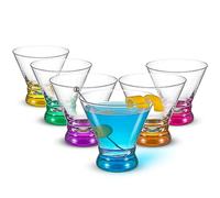 JoyJolt Hue 7.5oz Martini Glasses, Cocktail Glassware Set of 6, Colored Glass Base, Stemless Drinking Glasses for Margarita, Bar, Shrimp Cocktail, Juice