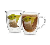 JoyJolt Mandalorian Mystic Grogu 13.5oz Coffee Mug, Double Wall Mug Set of 2. Large Espresso Cups, Cappuccino or Latte Cup. Mandalorian Star Wars Mugs, Glass Coffee Cup, Insulated Coffee Mug