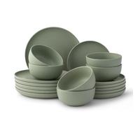JoyJolt Mesa Stoneware Dinnerware Set, 18-Piece Plates and Bowls Sets, Includes Dinner - Salad and Cereal and Soup Bowls, Modern Farmhouse Matte Sage Green Dish Set for 6