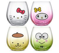 JoyJolt Sanrio Hello Kitty & Friends Hello Sippy Drinking Glasses, 15 oz Stemless Glass Cups Set of 4 ft Hello Kitty Keroppi My Melody Pompompurin, Cute Glasses for Water, Juice, Kawaii Tumbler