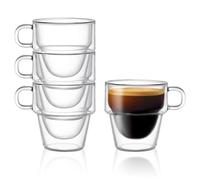 JoyJolt Stoiva Double Wall Insulated Espresso Glass Cups - 5 oz. (150 ml) Espresso Shot Glass Cup with Handle - Stackable Thermal Clear Glass Cups, Fit for Espresso Machine and Coffee Maker - Set of 4