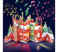 JOYJOM 3D Pop Up Christmas Cards, Musical Christmas Cards with Envelopes, Lights and Note Tag for Kids Wife Mon Dad Friends,21" x 11.4" (Village Santa and Reindeers)