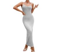 JoyJoyLing Women's Spaghetti Strap Maxi Dress Seamless Soft Long Slip for Under Dress Backless Bodycon Lace Trim Versatile Nightgown Grey