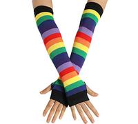 JOYKK Women Girl Knitted Over Elbow Long Arm Warmers Flag Rainbow Stripes Patchwork Fingerless Gloves with Thumb Hole Party Costume - 6#