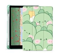 JOYLAND Cute Dinosaur Case for iPad 9th/7th/8th Generation(2021/2020/2019) 10.2", Green TPU Smart Stand Back Cover with Pencil Holder, Auto Wake/Sleep Foldable Four-Corner Shockproof Protective Case