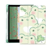 JOYLAND Cute Frog Case for iPad Air 4 2020/iPad Air 5 2022 10.9 Inch, Leather Foldable Stand Green TPU Back Cover with Pencil Holder Shockproof Protective Case Auto Wake/Sleep