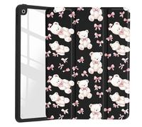 JOYLAND Cute Pink Bear Bow Case for iPad 7th/8th/9th Generation, Girly Kawaii Animal Clear Acrylic Hard Back Black Case with Pencil Holder Trifold Stand Tablet Cover for iPad 10.2" 2019/2020/2021
