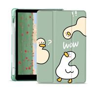 JOYLAND Funny Duck Pad Case for 9.7 Inch iPad 5th/6th Generation with Pencil Holder, for iPad 2017/2018 Case Cartoon Smart Stand Foldable Green Leather Cover, Auto Wake/Sleep