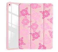JOYLAND Pink Hibiscus Flower Pattern Case for iPad Air 13-inch (M3) 2025/ (M2) 2024, Clear Acrylic Hard Back Pink Case with Pencil Holder Trifold Stand Tablet Cover for Girls Women