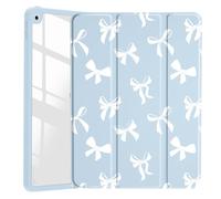 JOYLAND White Bow Pattern Case for iPad 7th/8th/9th Generation, Clear Transparent Acrylic Hard Back Blue Case with Pencil Holder Trifold Stand Tablet Cover for iPad 10.2" 2019/2020/2021