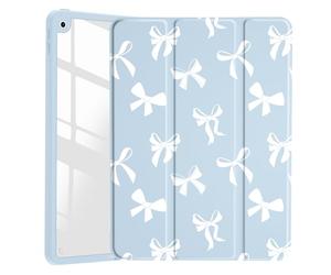 JOYLAND White Bow Pattern Case for iPad 7th/8th/9th Generation, Clear Transparent Acrylic Hard Back Blue Case with Pencil Holder Trifold Stand Tablet Cover for iPad 10.2" 2019/2020/2021