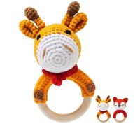 Joylife Animals Wooden Baby Rattle, Handcrafted Crochet Rattles with Wooden Teething Ring, Newborn Toy Stuffed Animal Organic Rattle Baby Announcement Ideas Props Orange Giraffe