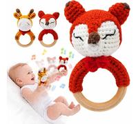 Joylife Wooden Baby Rattle with Teething Ring, Hand-Crocheted Fox Newborn Toy, Soft Baby Rattle for Little Hands, Natural Beech Wood Baby Gift