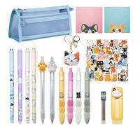 Joylio Cat Stationery Set: Erasable Pens, Gel Ink Pens, Mechanical Pencils, Refill Leads, Retractable Eraser, Sticky Notes, Cat Stickers, Keyring, come with pencil case for school and home