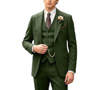 JOYLYJOME 3 Pieces Retro Brown Mens Tweed Suit Slim Fit Wedding Suit Grooms Tuxedos Prom Wool Suits Jacket Vest Pants Set, Green, XXL