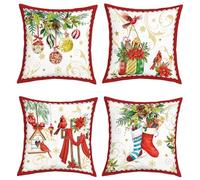 Joymaison 45x45 Pack of 4 Christmas Cardinal Throw Pillow Cushion Covers | Farmhouse Xmas Balls Pine Tree Decorative Throw Pillow Case Home Decor for Couch Bedroom