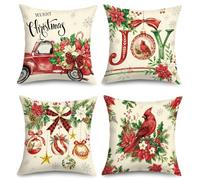 Joymaison 45x45 Pack of 4 Red Poinsettia Cardinal Xmas Throw Pillow Covers | Rustic Buffalo Plaid Holly Pine Winter Decorative Throw Pillow Case Home Decor for Couch Bedroom