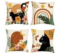 Joymaison Abstract Boho Tropical Flower Leaves Cushion Covers 45 x 45 Pack of 4 Black Cat Geometric Minimalist Modern Square Throw Pillow Case Decorative Sofa Cushion with Invisible Zipper