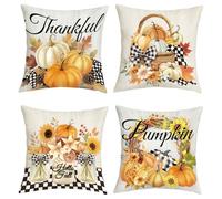 Joymaison Autumn Thanksgiving Rustic Pumpkin Buffalo Plaid Cushion Covers 45x45 Pack of 4 Farmhouse Hello Fall Sunflower Wreaths Square Throw Pillow Case Decorative Sofa Cushion with Invisible Zipper