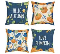 Joymaison Blue Autumn Pumpkin Thanksgiving Cushion Covers 45 x 45 Pack of 4 Hello Fall Pumpkin Leaves Farmhouse Square Throw Pillow Case Decorative Sofa Cushion with Invisible Zipper