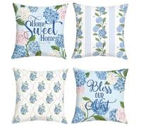 Joymaison Blue Green Hydrangea Flower Spring Summer Cushion Covers 45 x 45 Pack of 4 Farmhouse Vintage Floral Home Sweet Home Square Throw Pillow Case Decorative Sofa Cushion with Invisible Zipper