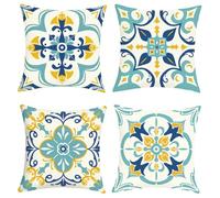 Joymaison Blue Mediterranean Moroccan Cushion Covers 45 x 45 Pack of 4 Vintage Abstract Geometric Mandala Flower Square Throw Pillow Case Decorative Sofa Cushion with Invisible Zipper