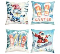 Joymaison Blue Merry Christmas Cushion Covers 45 x 45 Pack of 4 Winter Gnome Santa Claus Snowflakes Skiing Throw Pillow Case Decorative Sofa Cushion with Invisible Zipper
