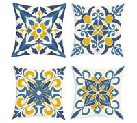 Joymaison Boho Mandala Blue Flower Cushion Covers 40 x 40 Pack of 4 Vintage Mediterranean Moroccan Geometric Floral Square Throw Pillow Case Decorative Sofa Cushion with Invisible Zipper