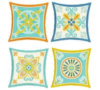 Joymaison Boho Mandala Flower Cushion Covers 45 x 45 Pack of 4 Mediterranean Moroccan Geometric Floral Square Throw Pillow Case Decorative Sofa Cushion with Invisible Zipper
