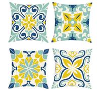 Joymaison Boho Mandala Flower Cushion Covers 45 x 45 Pack of 4 Vintage Mediterranean Moroccan Geometric Floral Square Throw Pillow Case Decorative Sofa Cushion with Invisible Zipper