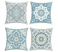 Joymaison Boho Oriental Blue Mandala Floral Cushion Covers 45 x 45 Pack of 4 Vintage Geometric Moroccan Flower Square Throw Pillow Case Decorative Sofa Cushion with Invisible Zipper